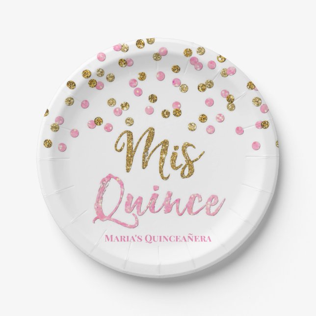 Pink Gold Glitter Confetti Mis 15 Quinceanera Paper Plates (Front)