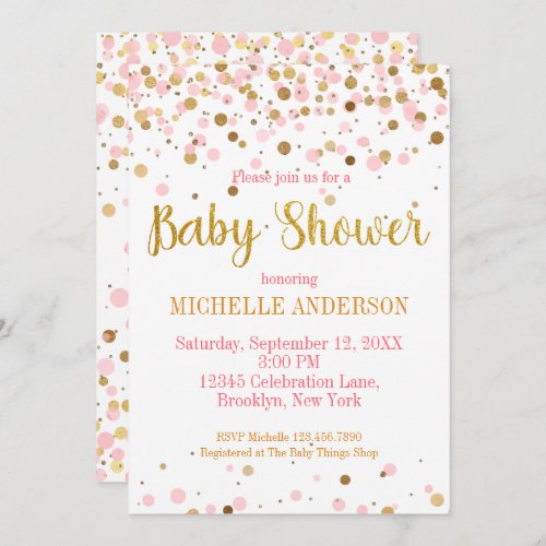 Pink Gold Glitter Confetti Modern Baby Shower Invitation