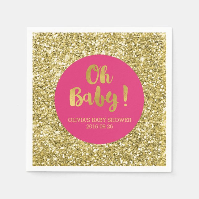 Pink Gold Glitter Confetti Oh Baby Baby Shower Napkins (Front)