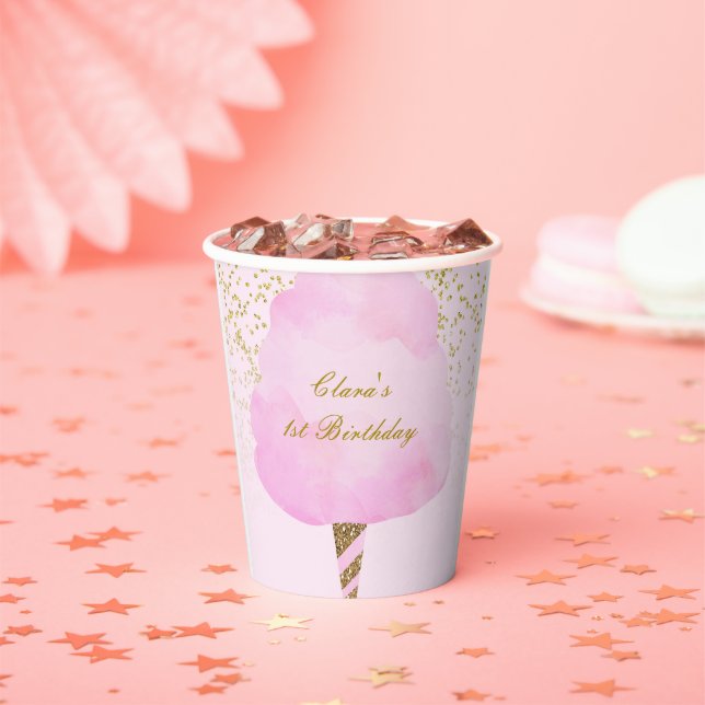 Pink & Gold Glitter Cotton Candy Birthday Paty Paper Cups (Insitu)