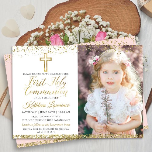 Pink Gold Glitter Cross First Holy Communion Photo Invitation