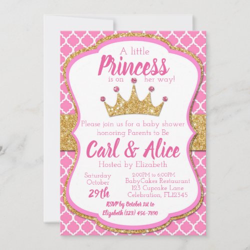 Pink  Gold Glitter Crown Princess Baby Shower Invitation