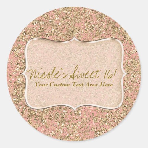 Pink  Gold Glitter Crystal Glam Birthday Favor Classic Round Sticker