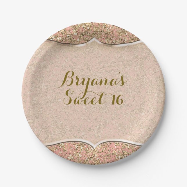 Pink & Gold Glitter Crystal Glam Birthday Party Paper Plates (Front)