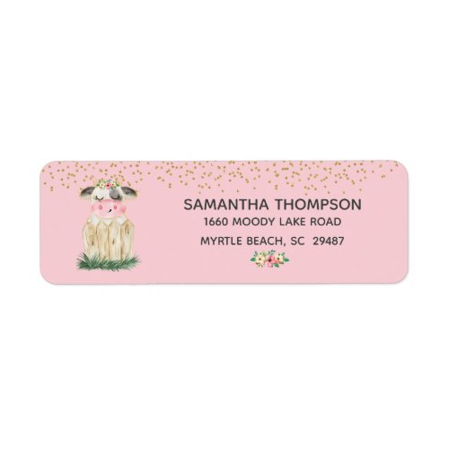 Pink Gold Glitter Cute Cow Return Address Label