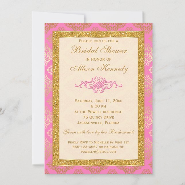 Pink, Gold Glitter Damask Bridal Shower Invitation (Front)