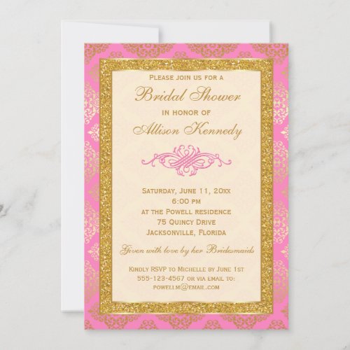 Pink Gold Glitter Damask Bridal Shower Invitation