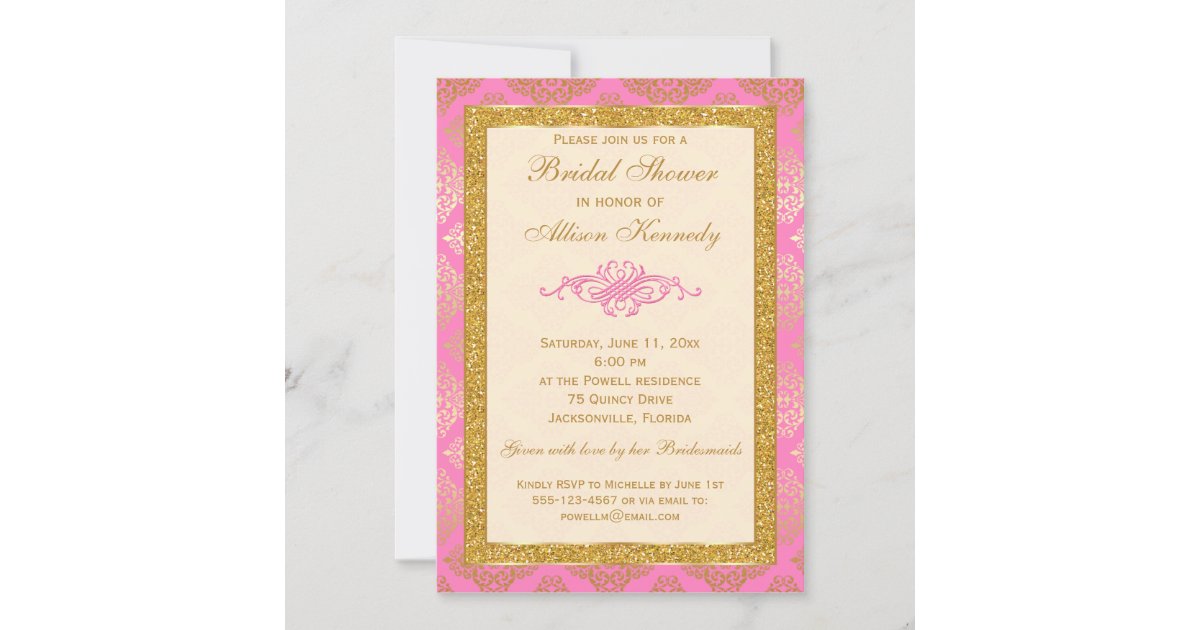 Pink Gold Glitter Damask Bridal Shower Invitation Zazzle