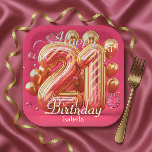 Pink & Gold Glitter Drip 21st Birthday Celebration Paper Plates