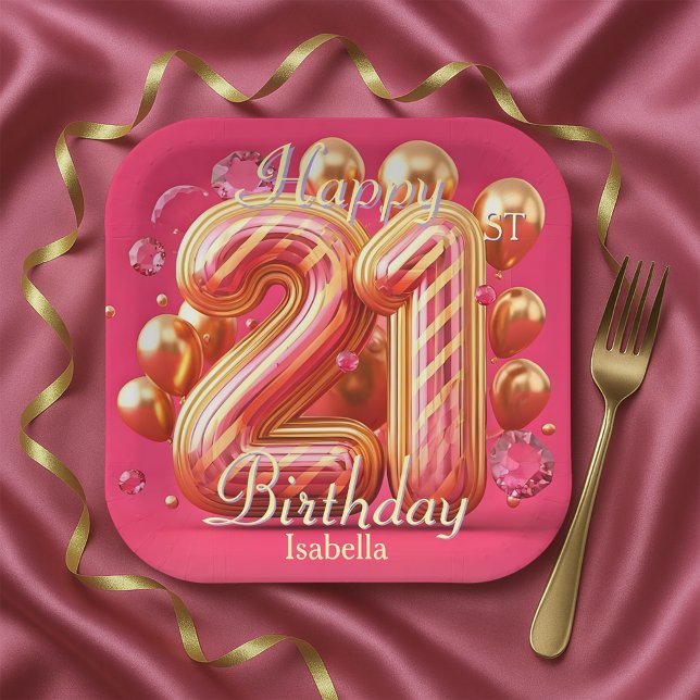 Pink & Gold Glitter Drip 21st Birthday Celebration Paper Plates (Creator Uploaded)