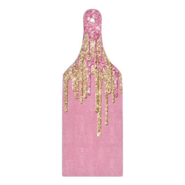 Pink gold glitter drippings faux epoxy resin look  cutting board (Front)