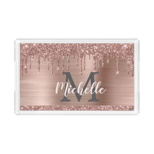 Pink Gold Glitter Drips Pink Metal Monogram Name Acrylic Tray