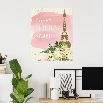 Pink Gold Glitter Eiffel Tower Happy Birthday Poster | Zazzle