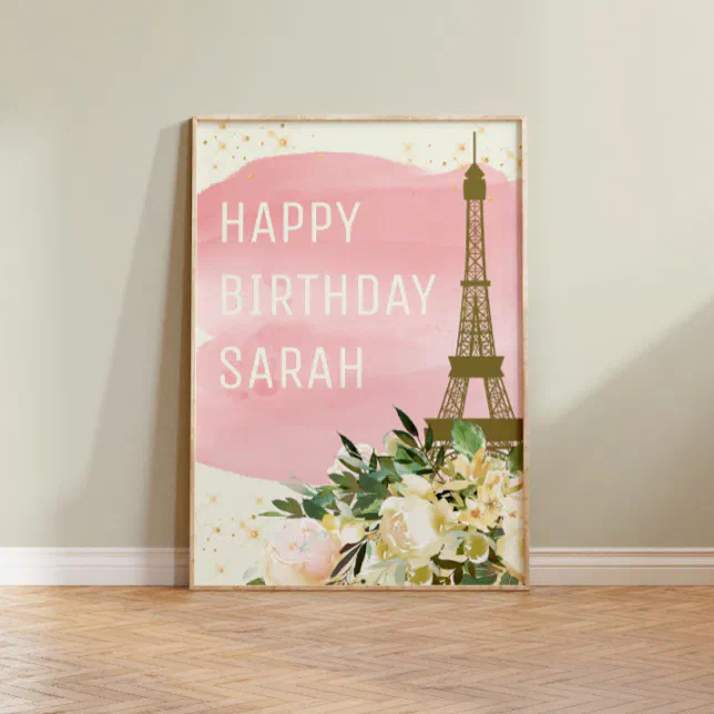 Pink Gold Glitter Eiffel Tower Happy Birthday Poster | Zazzle