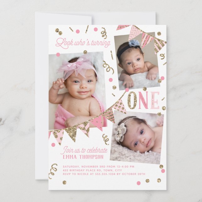 Pink Gold Glitter First Birthday 3 Photo Collage Invitation (Front)