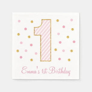 Pink & Gold Glitter First Birthday Paper Napkins