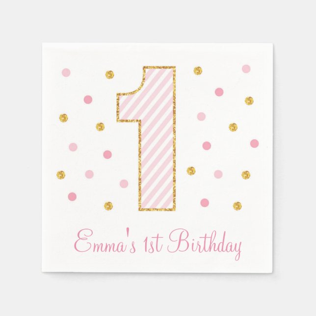 Pink & Gold Glitter First Birthday Paper Napkins (Front)