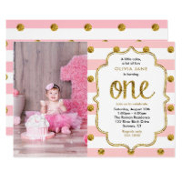 Pink, Gold Glitter First Birthday Photo Invitation