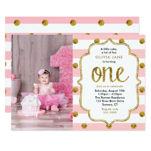 Pink, Gold Glitter First Birthday Photo Invitation