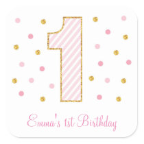Pink & Gold Glitter First Birthday Stickers