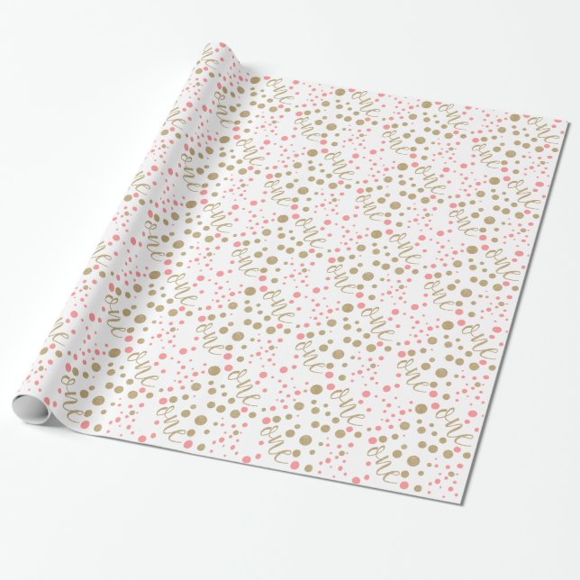 Pink & Gold Glitter First Birthday Wrapping Paper (Unrolled)