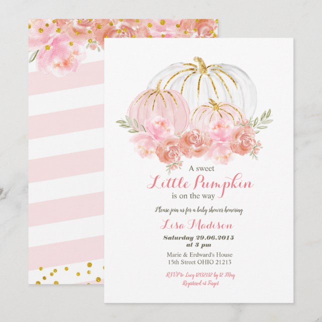 Pink Gold Glitter Floral Pumpkin baby shower Invitation (Front/Back)