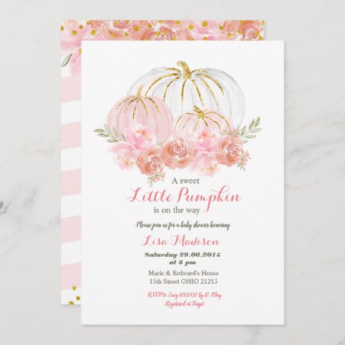 Pink Gold Glitter Floral Pumpkin baby shower Invitation