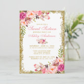 Pink Gold Glitter Floral Sweet 16 Birthday Invite (Standing Front)