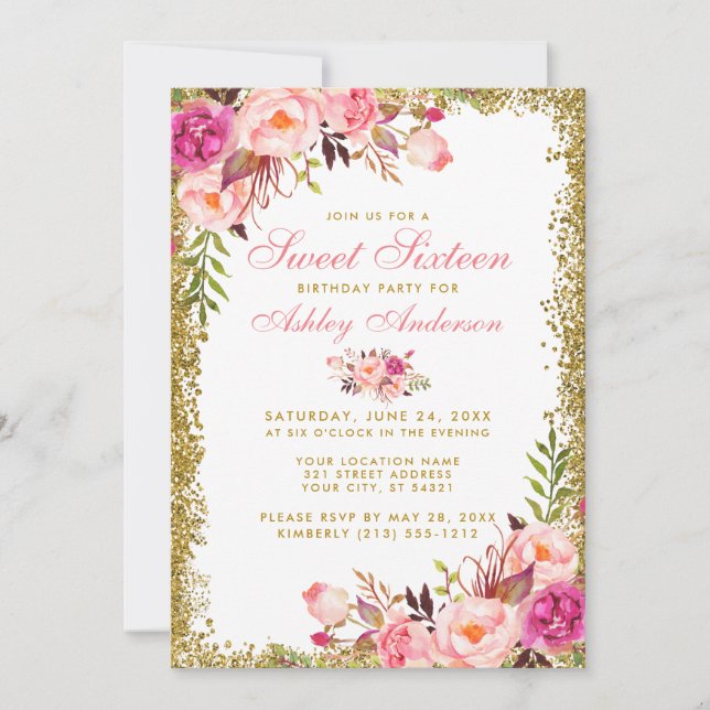 Pink Gold Glitter Floral Sweet 16 Birthday Invite (Front)