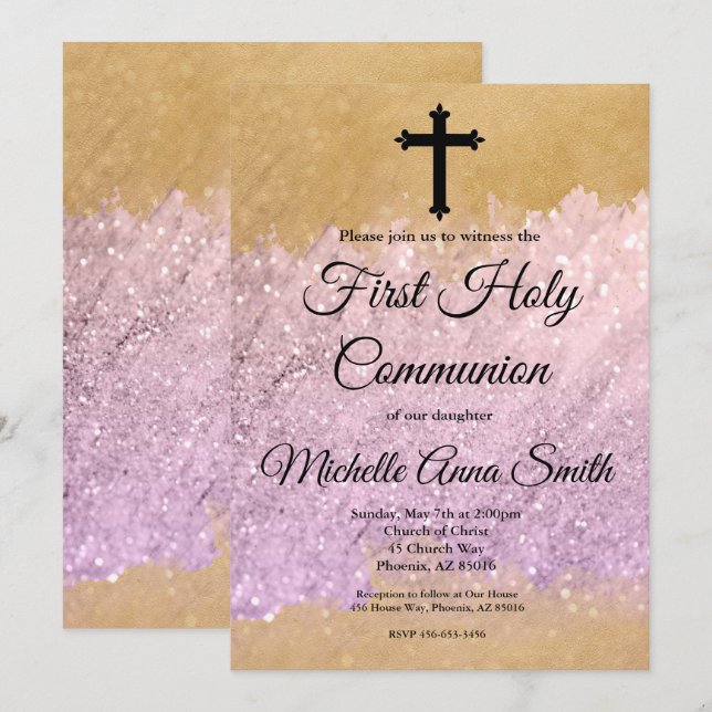 Pink Gold Glitter Girl 1st First Holy Communion Invitation (Front/Back)