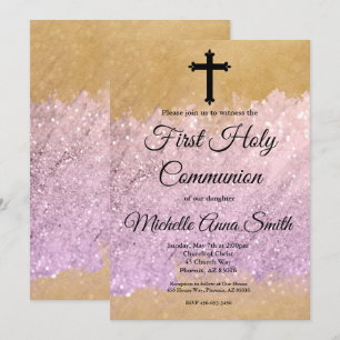 Pink Gold Glitter Girl 1st First Holy Communion Invitation