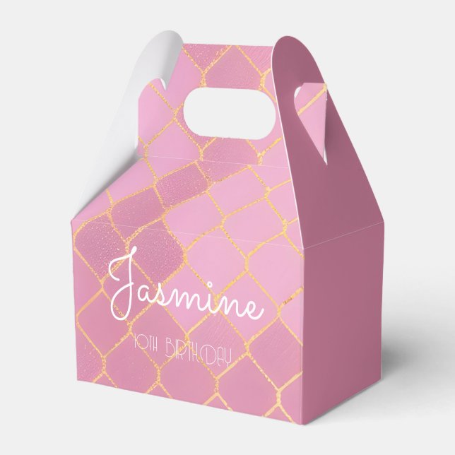 Pink Gold Glitter Girl's Birthday Favor Boxes (Front Side)