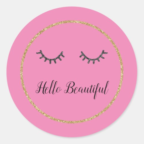 Pink Gold Glitter Girly Black Eyelashes Classic Round Sticker