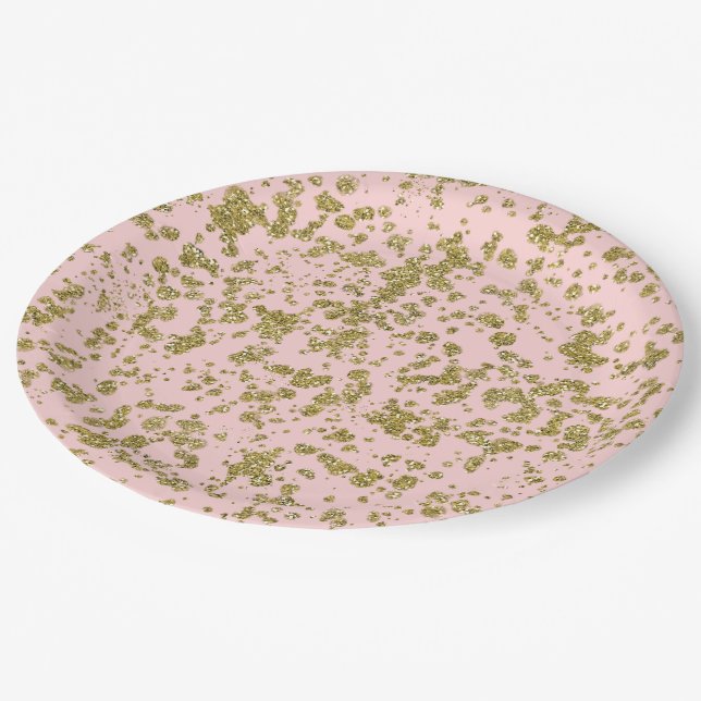Pink & Gold Glitter Girly Glam Modern Splatter Paper Plates (Angled)