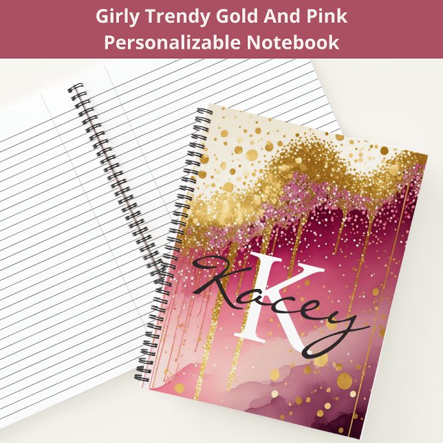 Pink Gold Glitter Girly Monogram Name Notebook (Creator Uploaded)