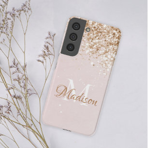 Pink Gold Glitter Girly Pretty Initial Name Samsung Galaxy S22+ Case