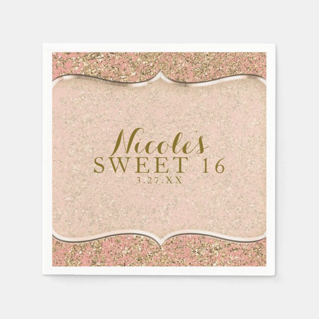 Pink & Gold Glitter Glam Birthday Party Custom Paper Napkins (Front)