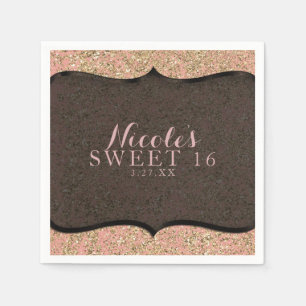 Pink & Gold Glitter Glam Black Birthday Party Napkins