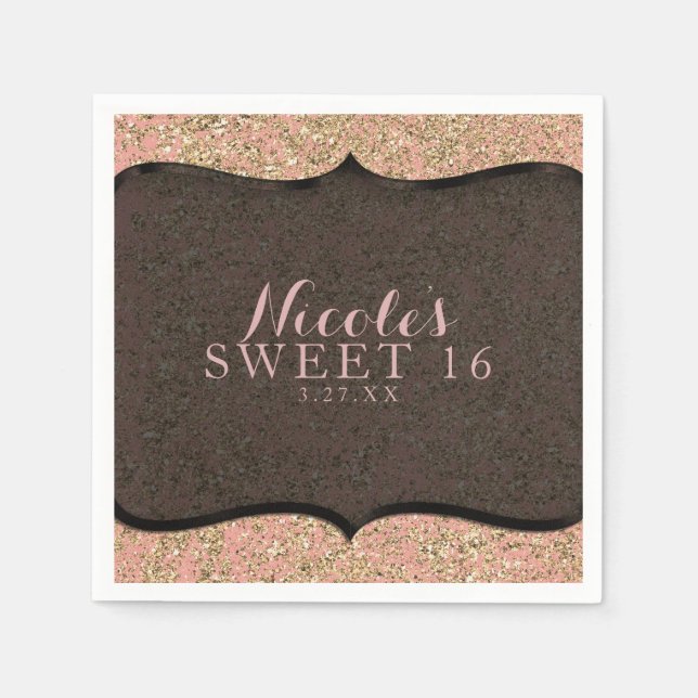 Pink & Gold Glitter Glam Black Birthday Party Napkins (Front)