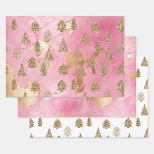 Pink Gold Glitter Glam Christmas Trees Wrapping Paper Sheets