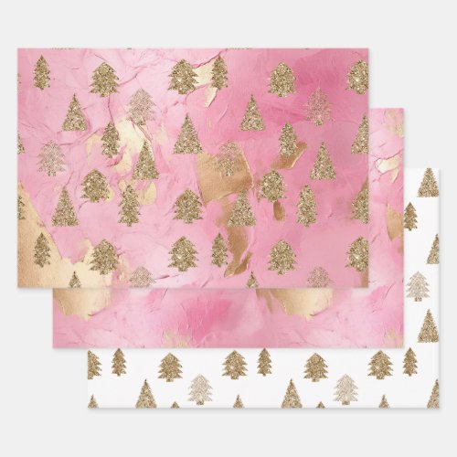 Pink Gold Glitter Glam Christmas Trees Wrapping Paper Sheets