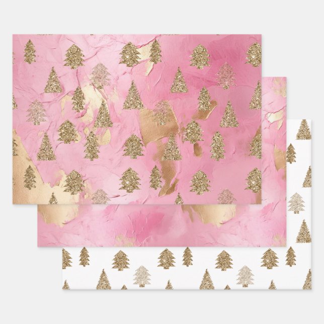 Pink Gold Glitter Glam Christmas Trees Wrapping Paper Sheets (Set)
