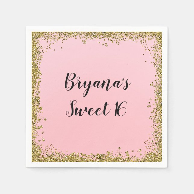 Pink Gold Glitter Glam Edge Sweet 16 Custom Party Napkins (Front)