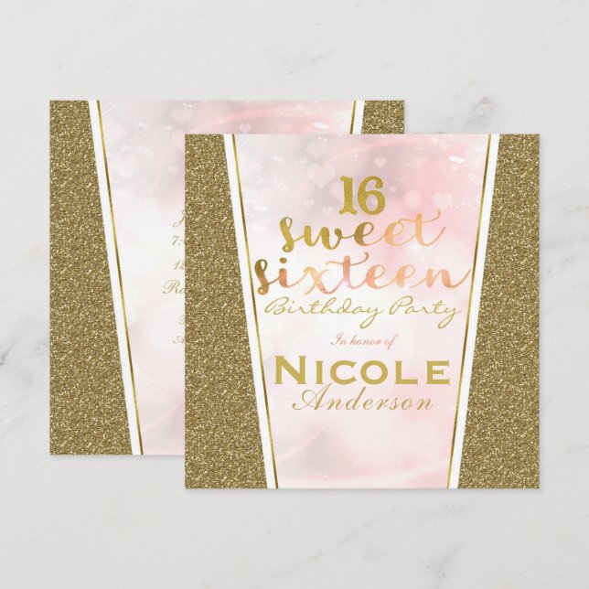 Pink Gold Glitter Glam Sweet 16 Birthday Party Invitation (Front/Back)