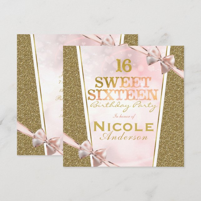 Pink Gold Glitter Glam Sweet 16 Bow Birthday Party Invitation (Front/Back)