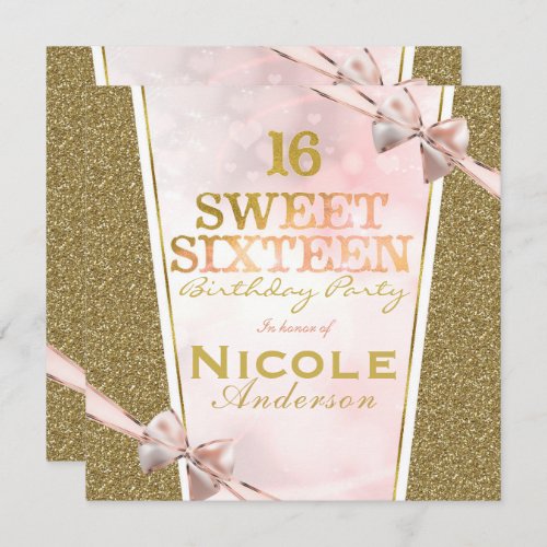 Pink Gold Glitter Glam Sweet 16 Bow Birthday Party Invitation