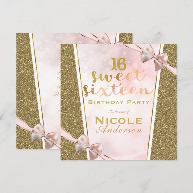 Pink Gold Glitter Glam Sweet 16 Bow Birthday Party Invitation (Front/Back)