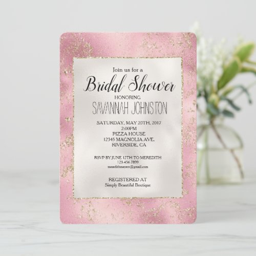 Pink Gold Glitter Glitz Pearl White Bridal Invitation