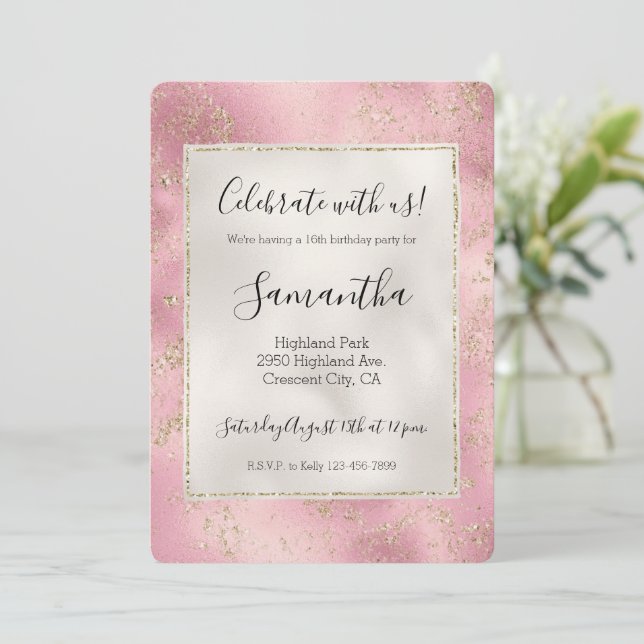 Pink Gold Glitter Glitz Pearl White Invitation (Standing Front)