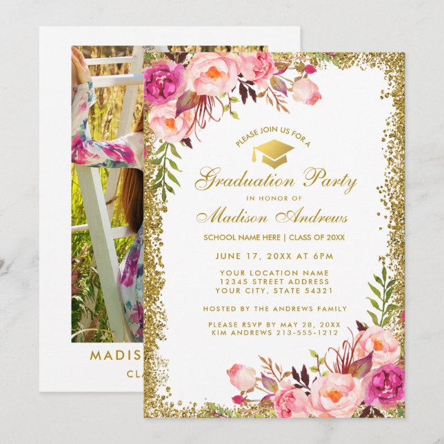 Pink Gold Glitter Grad Party Invite - Photo Back (Front/Back)